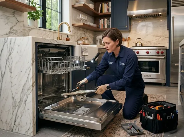 Appliance Repair Hero technician servicing a built-in dishwasher in a Boyertown, PA kitchen