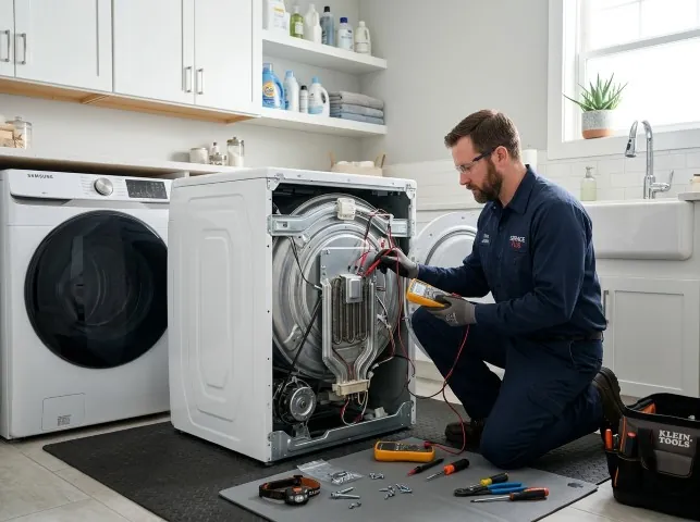 Appliance Repair Hero technician checking a dryer heating element with the rear panel off in Boyertown, PA