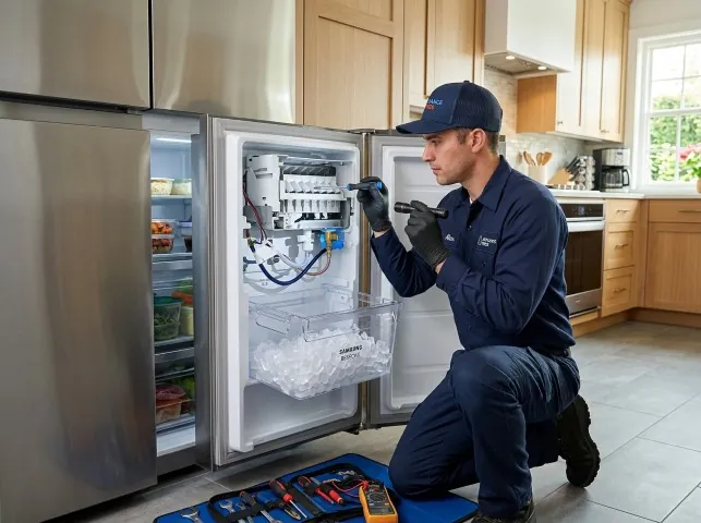 Appliance Repair Hero technician repairing a refrigerator ice maker in Boyertown, PA