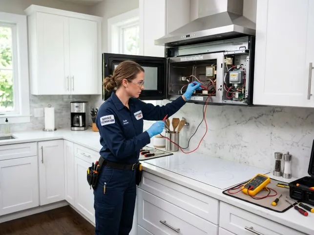 Appliance Repair Hero technician testing an over-the-range microwave in a Boyertown, PA kitchen
