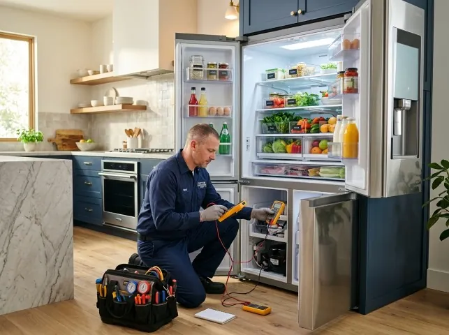 Appliance Repair Hero refrigerator technician testing a fridge on a Boyertown, PA service call