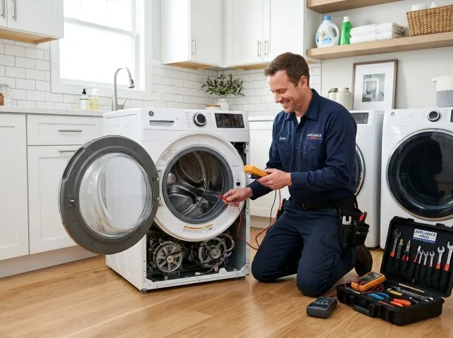 Appliance Repair Hero technician testing a front-load washer with a multimeter on a Boyertown, PA service call